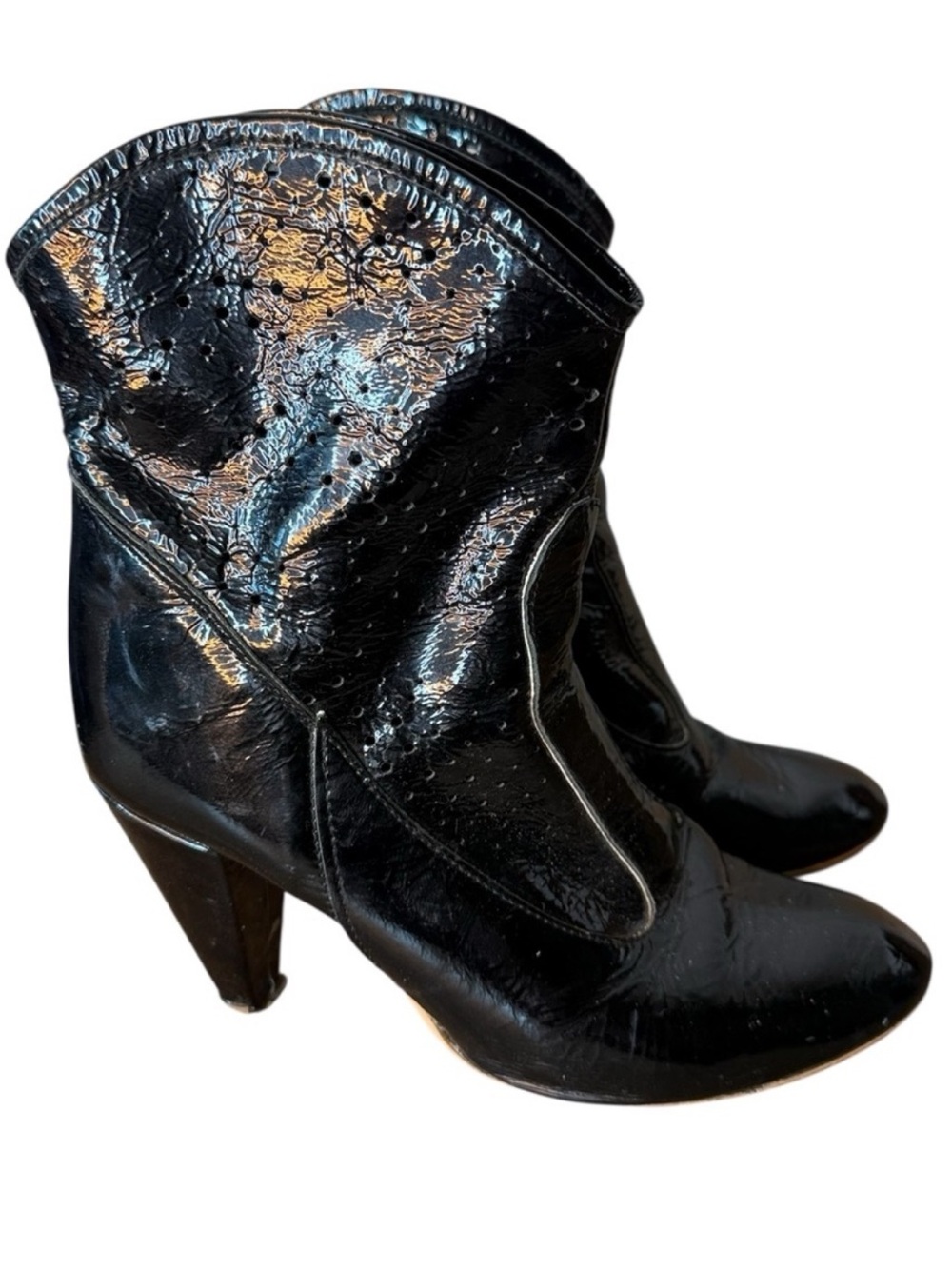 STEFANY P Black Patent Heel Booties Boots Italy Shiny Goth Edgy Witch Size 39